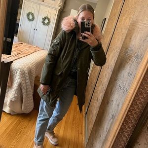 1 Madison Expedition Army Green Anorak Coat with Pink Fur Hood SZ L